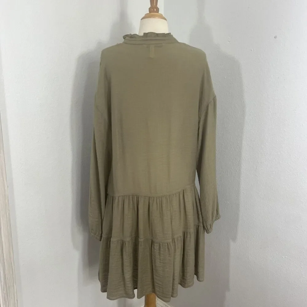 Zara Mini Dress Womens Small Olive Ruffle‎ V Neck Tiered Vacation